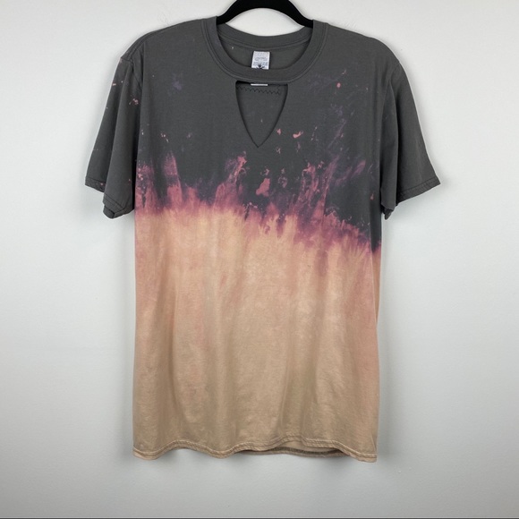 Tie Dye Bleached Choker Neckline Short Sleeve Top